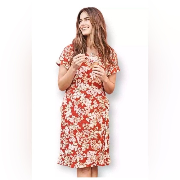 J. Jill Dresses & Skirts - J. JILL Floral Short Sleeve True Wrap Dress in Papaya Red Rayon Size Large